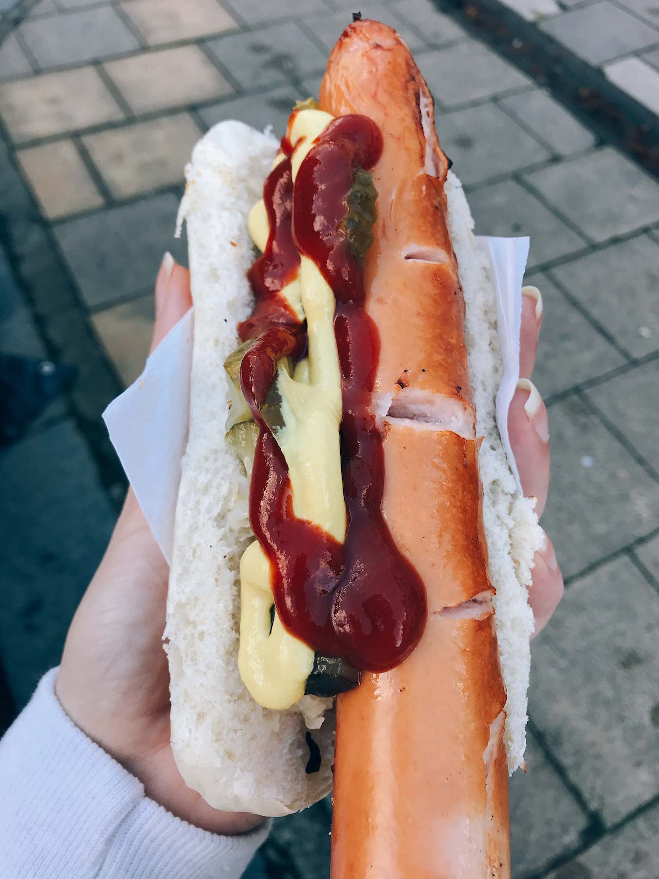 Big Bratwurst hotdog from the German Market in Canterbury