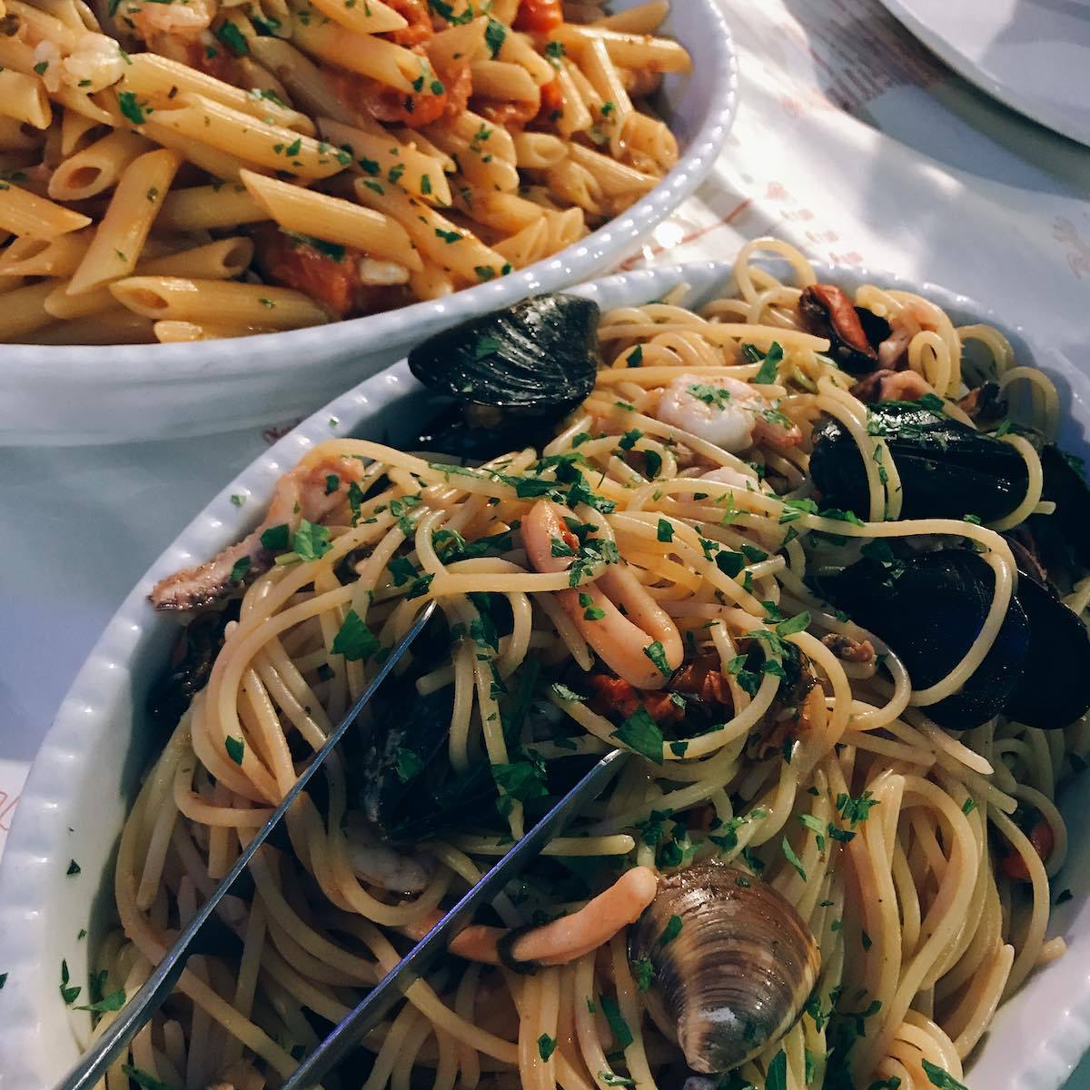 Two seafood pastas