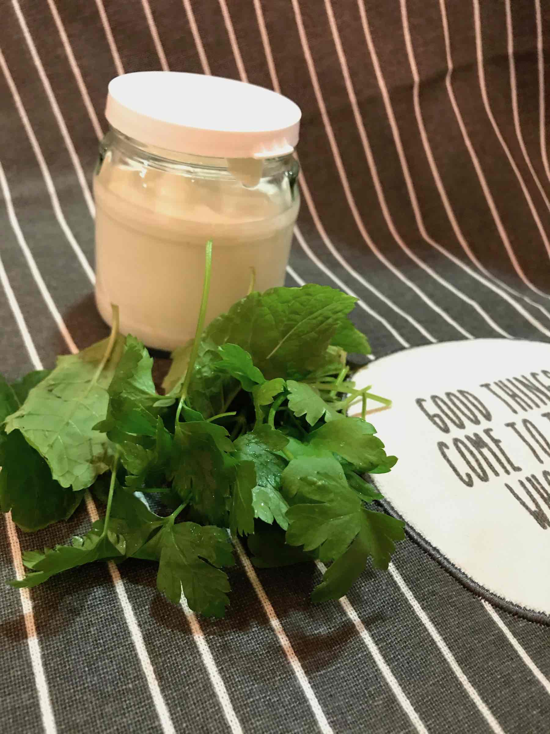 Homemade plain yogurt and herbs