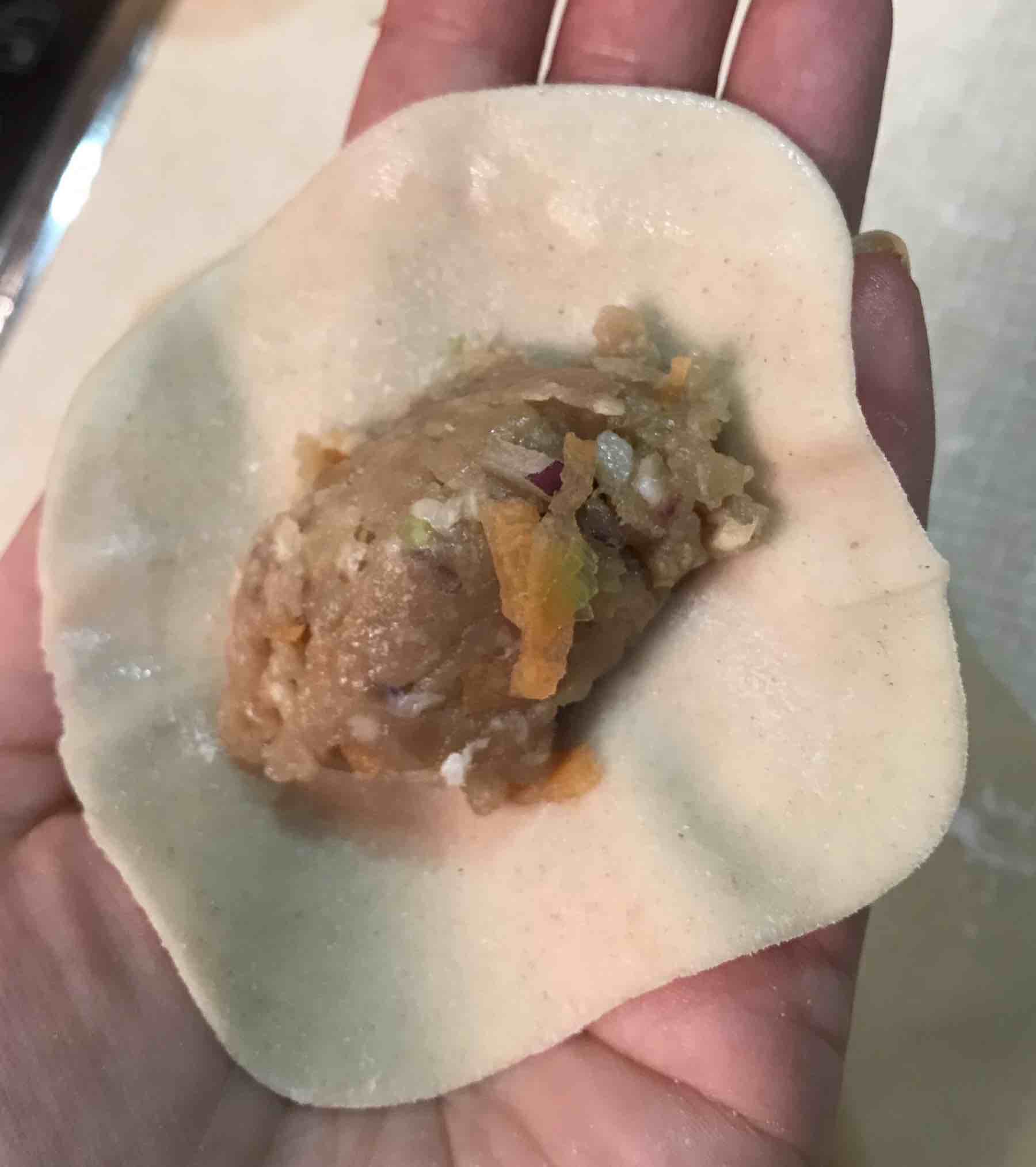 Pork filling in a gyoza wrapper
