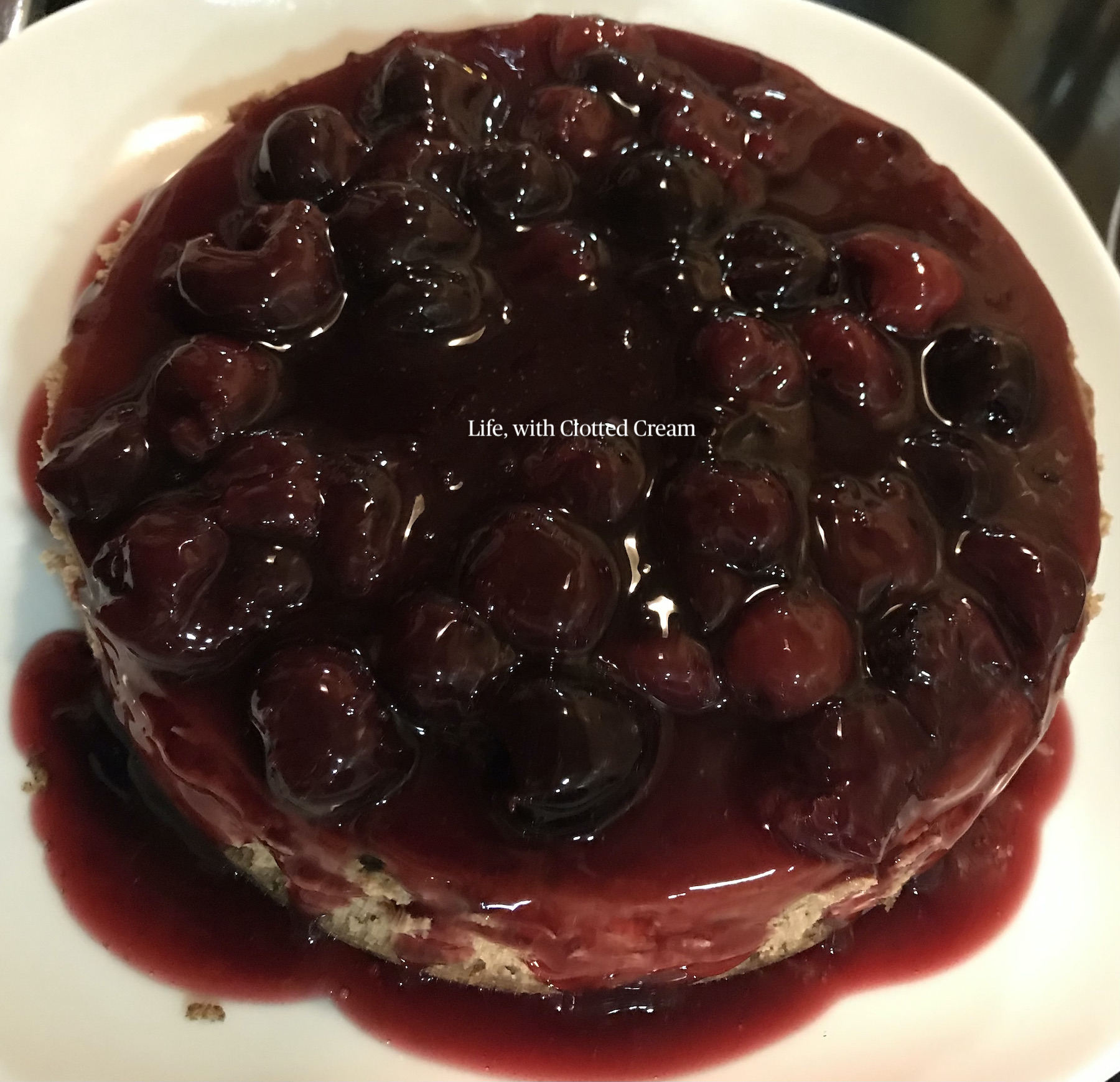 Chocolate cheesecake with cherry and gin topping