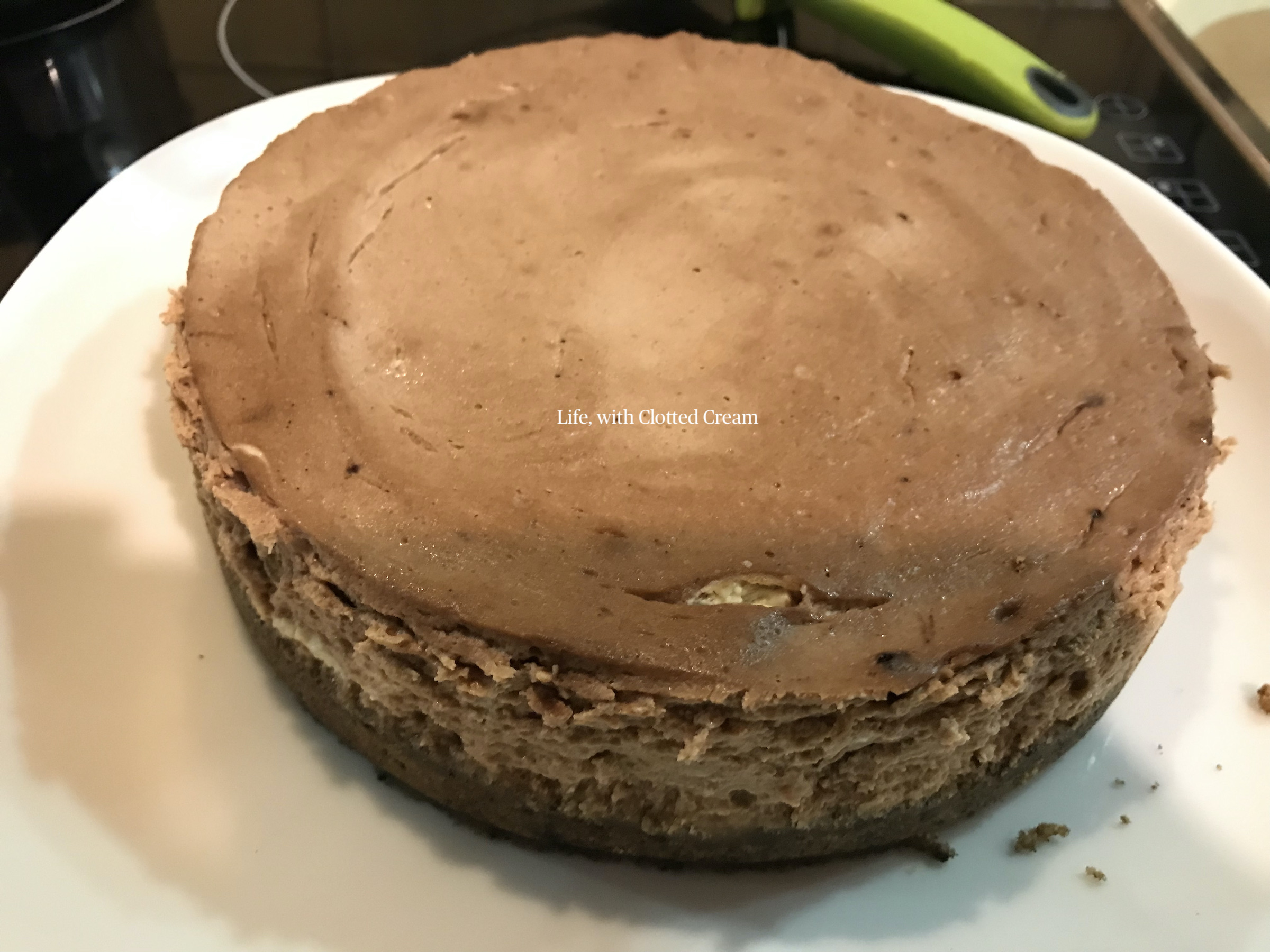 Cooked chocolate cheesecake with slight cracks