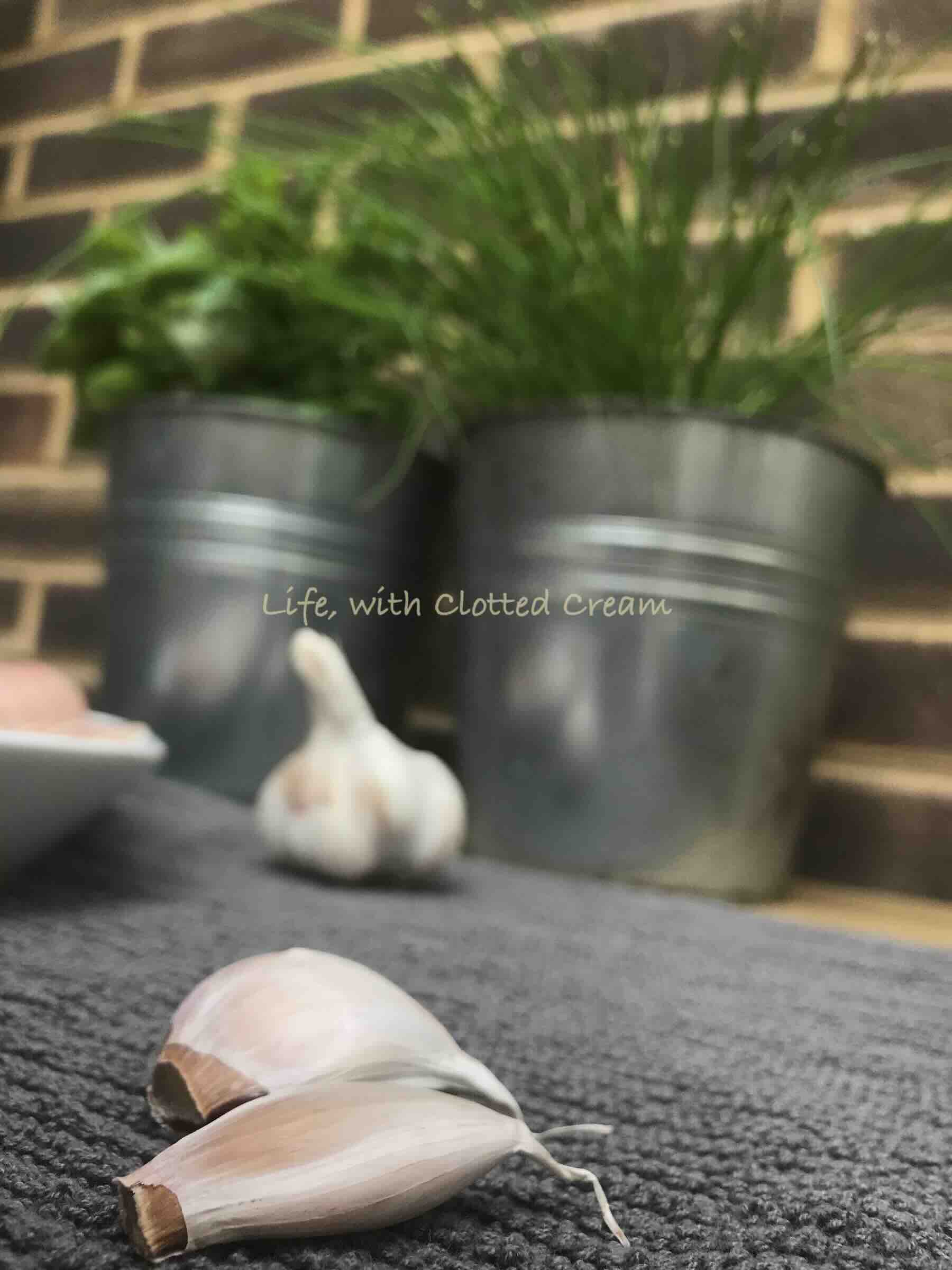 Garlic cloves, chives and basil