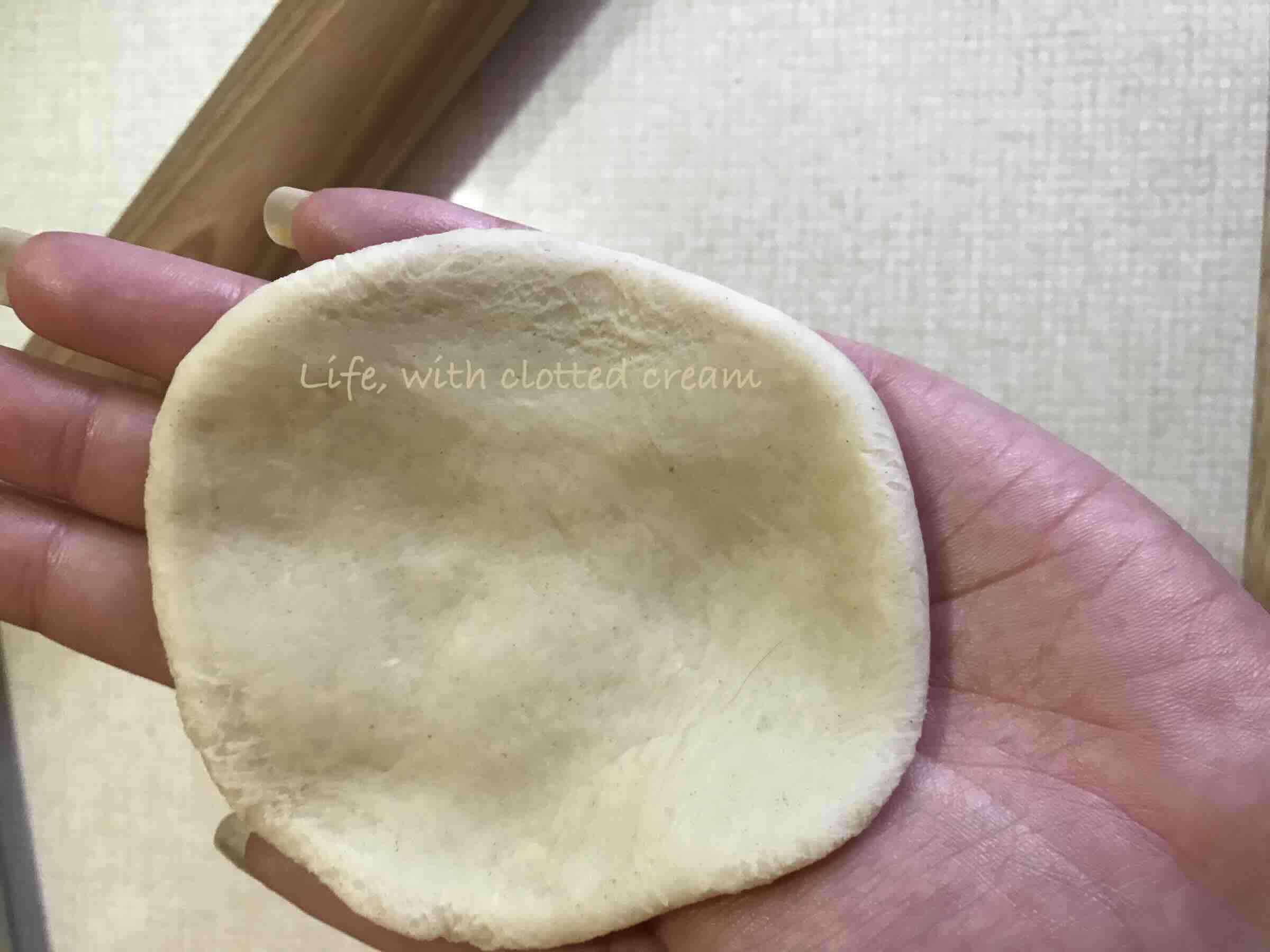 Rolled dough circle in the palm of a hand.