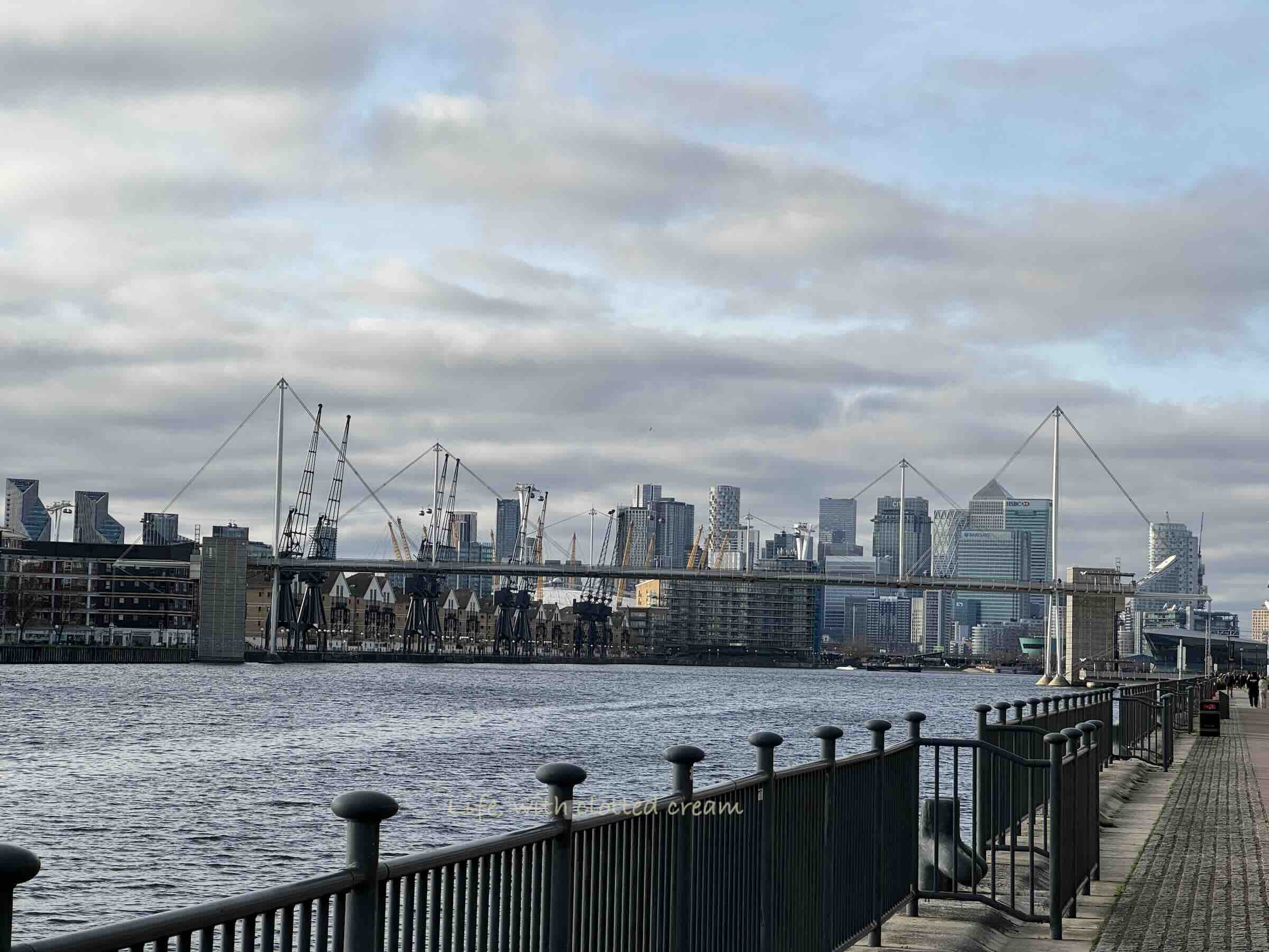 A view of Canary Wharf and the O2 over the Thames from the Excel in London.