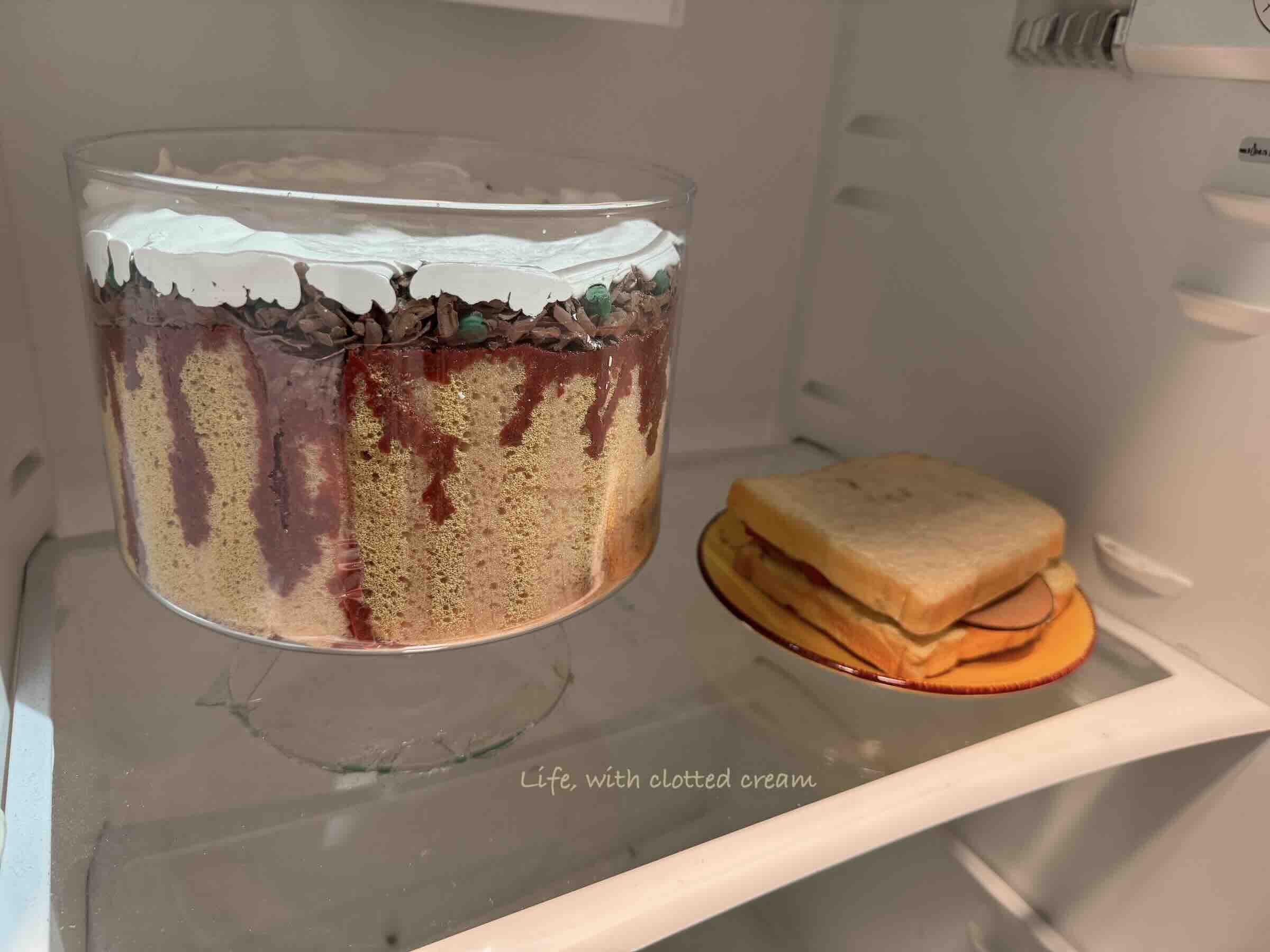 A fake trifle with sponge cake at the bottom, a layer of jelly followed by a layer of beef mince with peas and a layer of cream. I also has a meat sandwich on a plate.