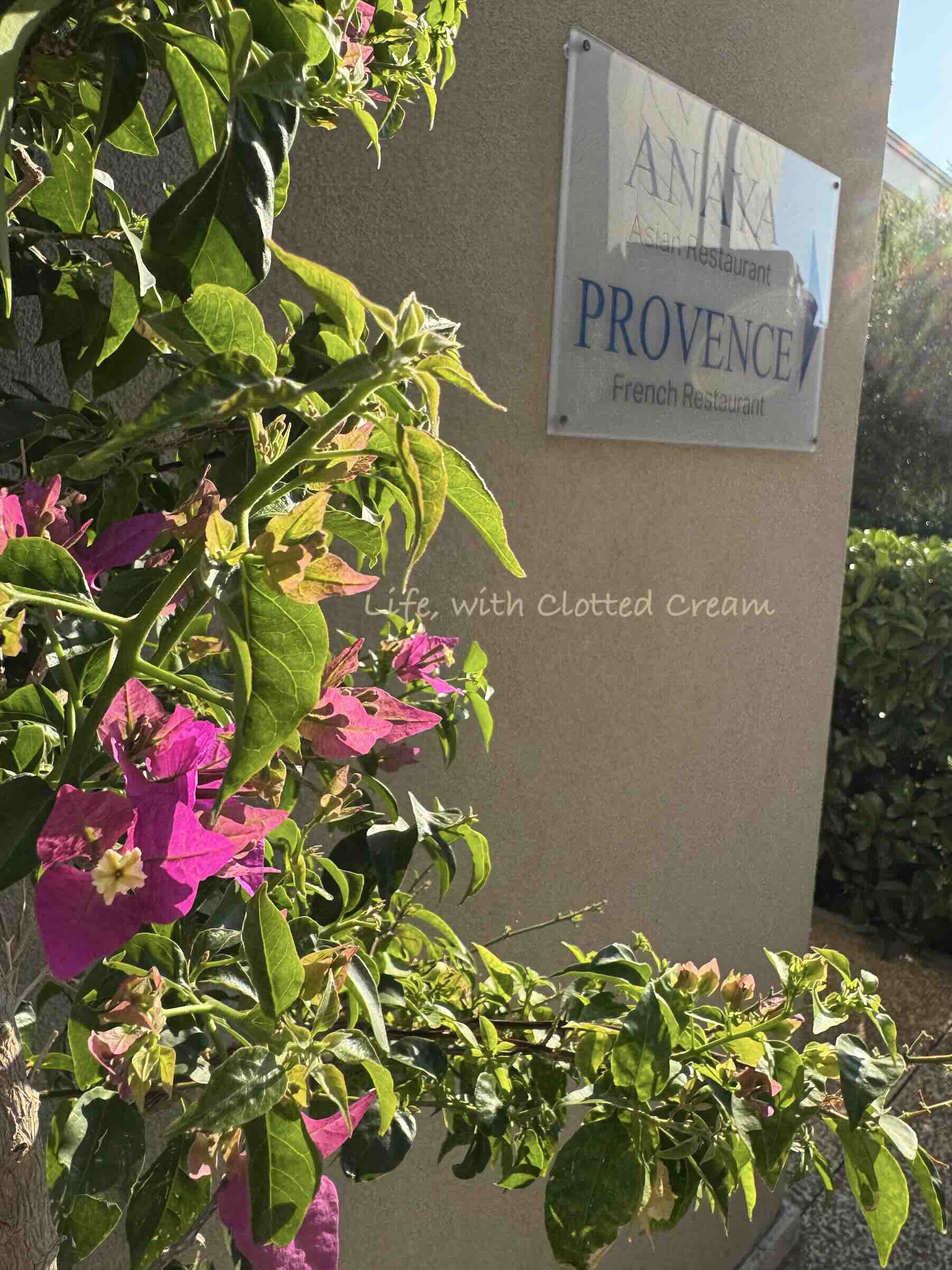 A sign on the wall in glass showing where Anaya and Provence restaurants are at Ikos Oceania.