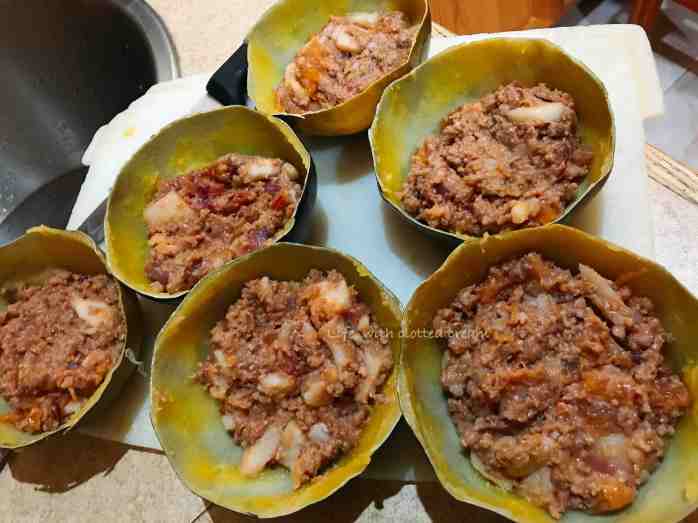 Gem squash skins filled with cooked mince with potatoes and onions.