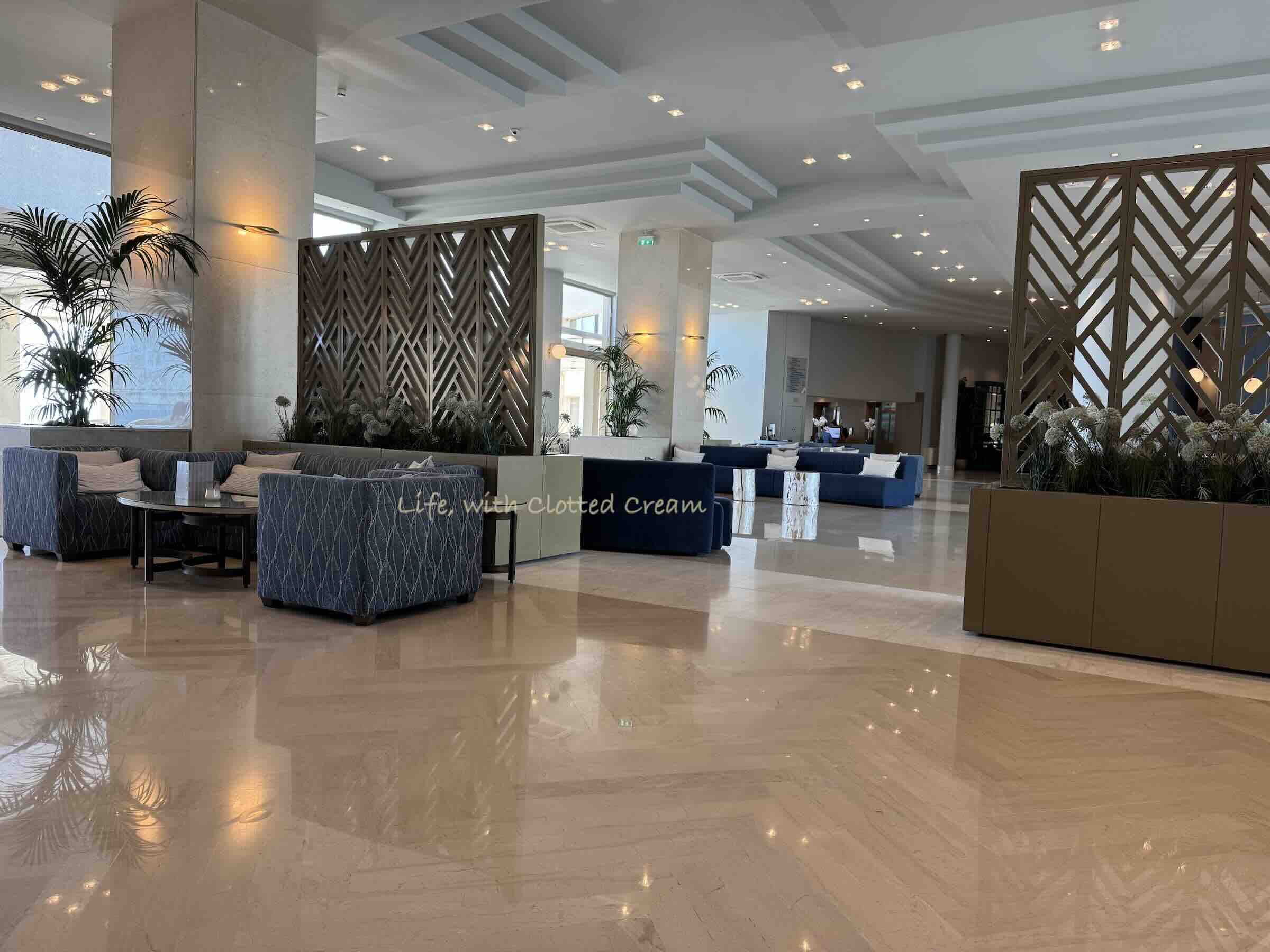 A hotel lobby at Ikos Oceania in Halkidiki.