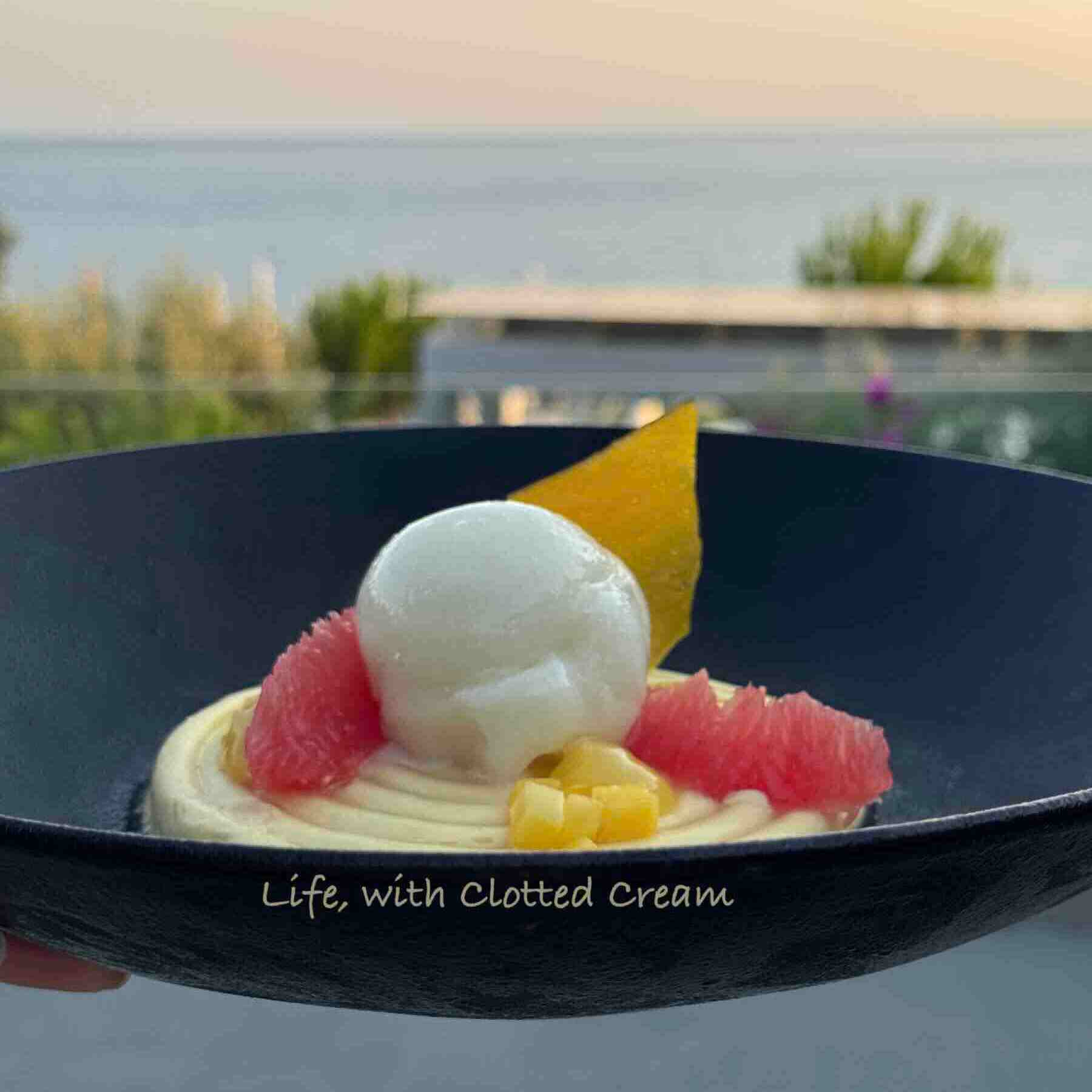 A mango custard with a lychee sorbet and mango shard in a black bowl overlooking the ocean.