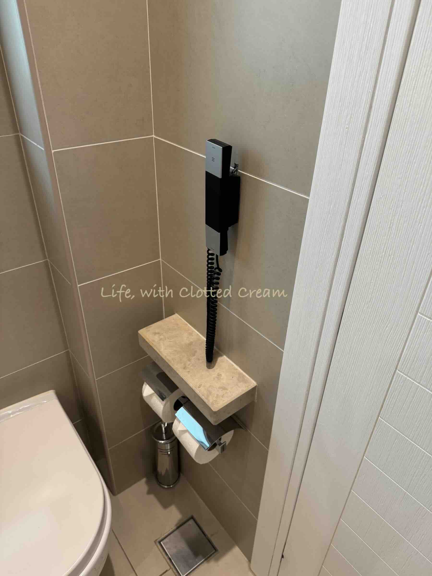 A telephone in the loo above the toiletroll.