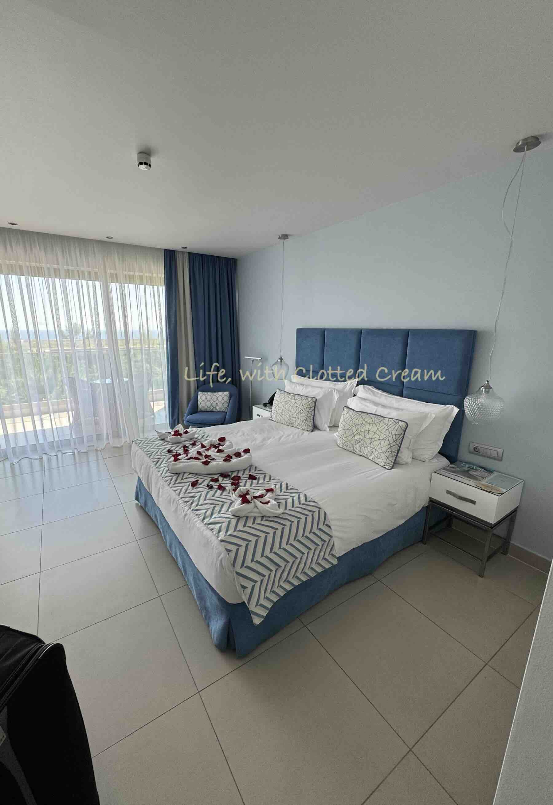 A room with a double bed with towels arranged like hearts and red rose petals scattered around.